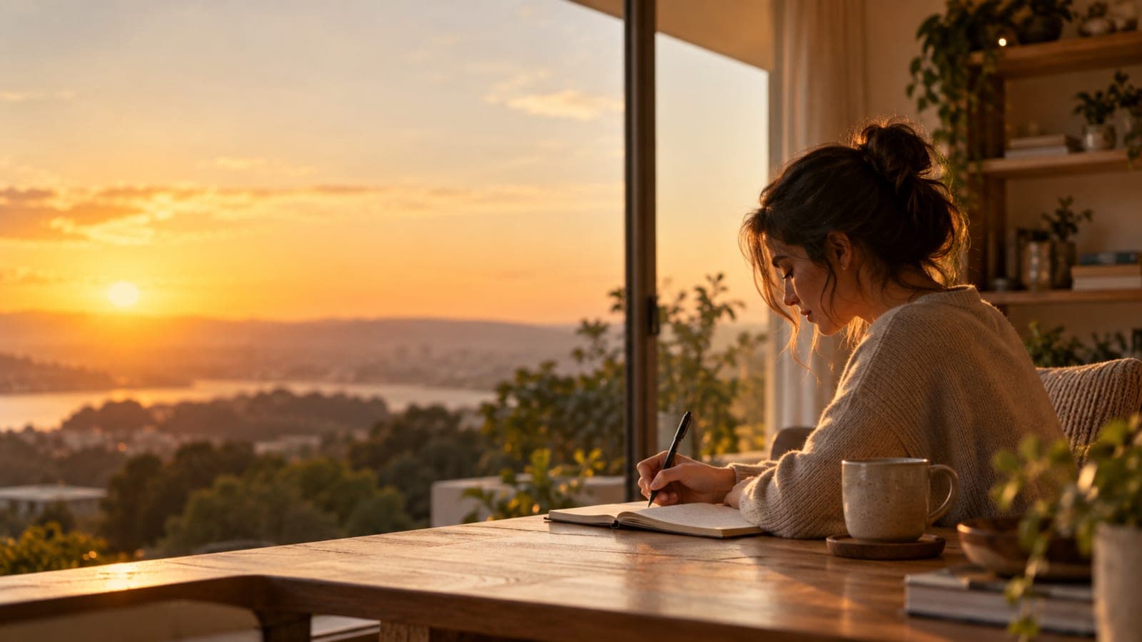 Pessoa escrevendo em um caderno junto à janela, em luz de fim de tarde