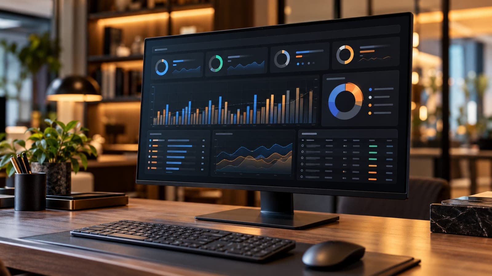 Monitor com painel de gestão em ambiente de trabalho