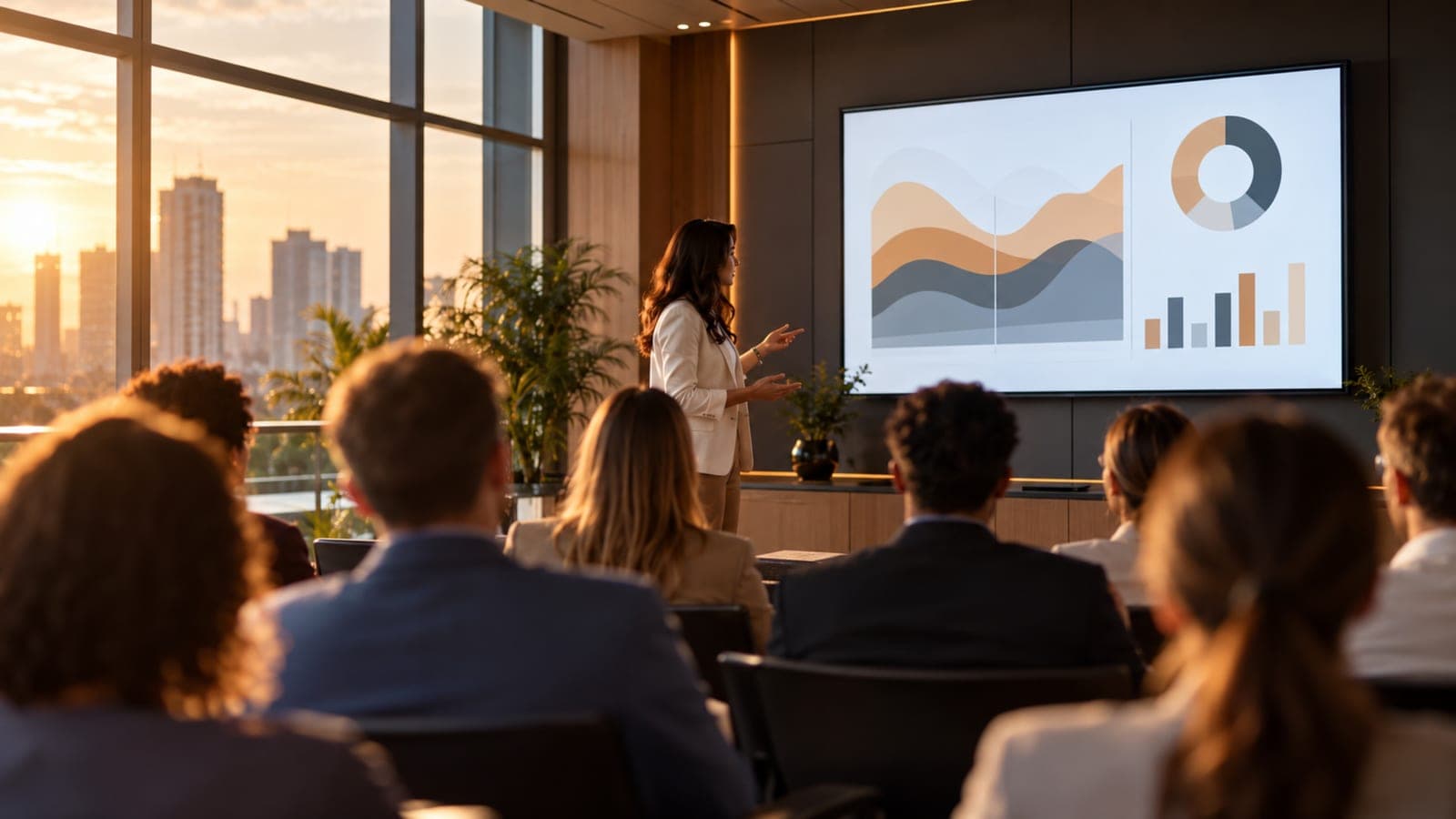 Sala de treinamento com apresentação em andamento