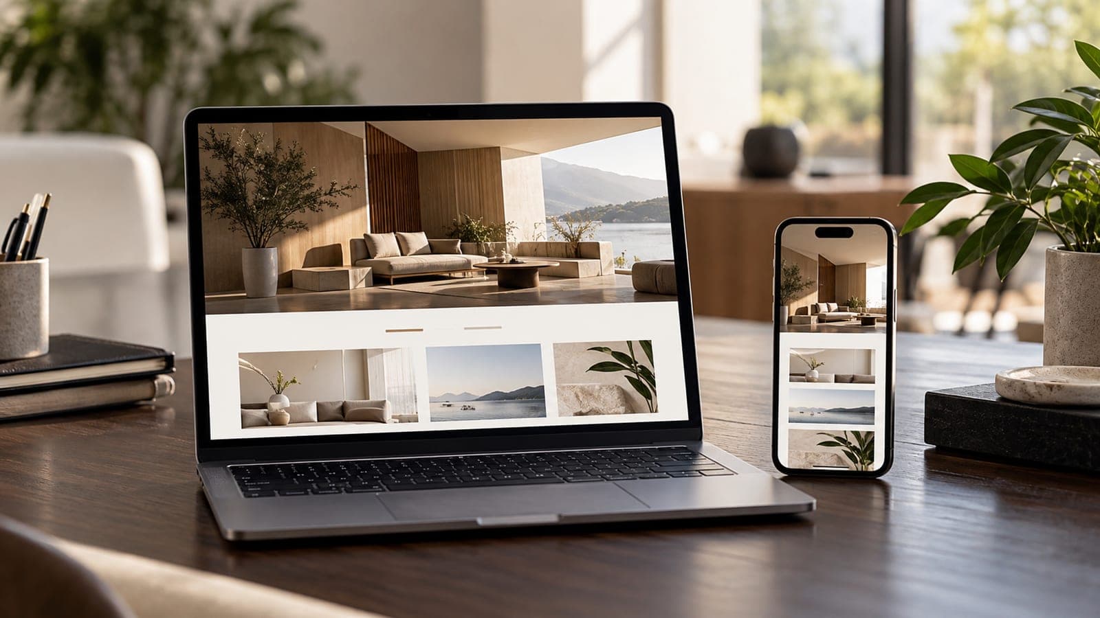 Site institucional aberto em notebook e celular